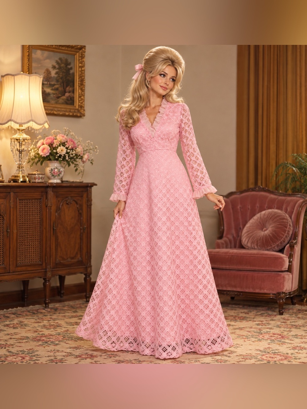 Vintage Liz Berg • Pink Lace Ruffle Collar Maxi Dress 60s-70s • Size S (Est)